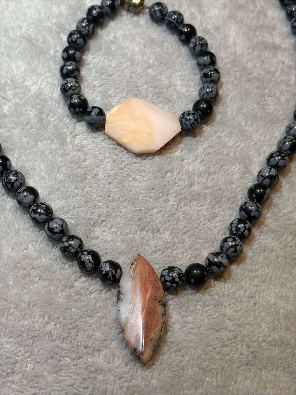 Snowflake Obsidian & Pink Gemstone Necklace Bracelet Set Magnetic Clasp
